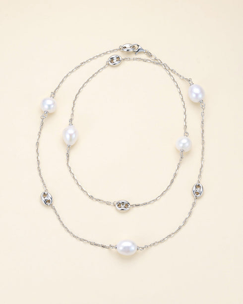 32-Inch Large Baroque Freshwater Pearl Silver Circle Links Necklace
